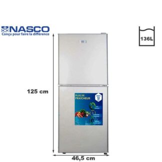 Nasco Réfrigérateur Combiné -Nasd2-203fl - 136 Litres Net / R600a / Argent 3 Tiroirs - Garantie 06 Mois