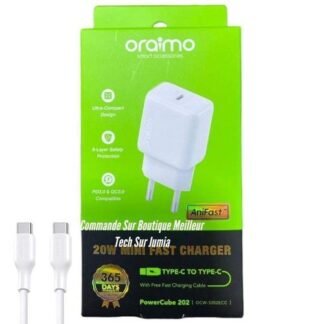 Chargeur Oraimo PowerCube 202 20W USB-C – Charge Rapide + Câble Type-C vers Type-C Inclus