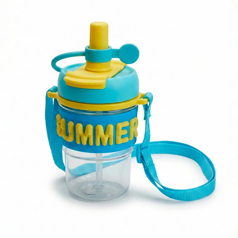 Gourde Enfant avec Paille – Bouteille Réutilisable Anti-Fuite – Sangle de Transport – Design Summer – Bleu/Jaune