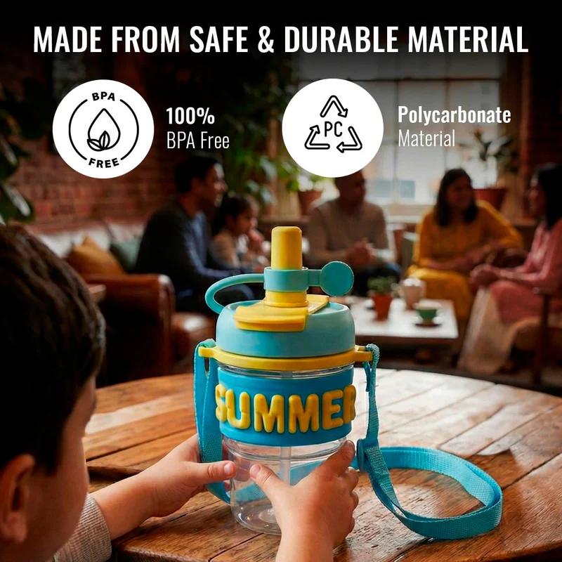 Gourde Enfant avec Paille – Bouteille Réutilisable Anti-Fuite – Sangle de Transport – Design Summer – Bleu/Jaune – Image 3