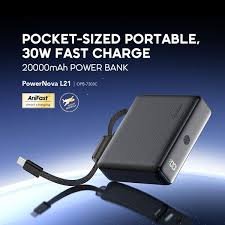 Oraimo PowerNova L21 OPB-7203C – Batterie Externe 20 000 mAh – Charge Rapide 30W – Câble USB-C Intégré – Écran Intelligent – Noir