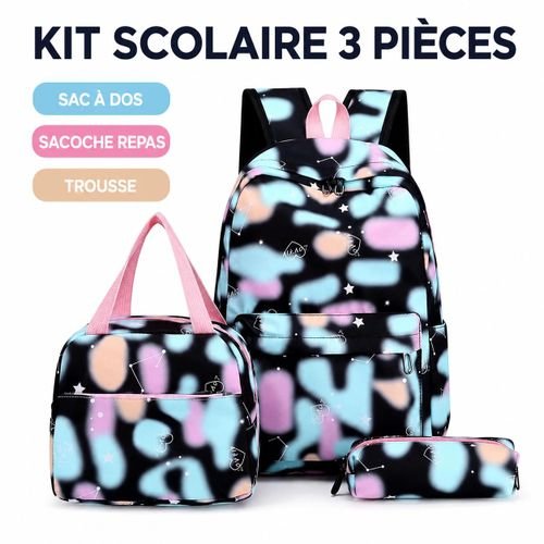 Kit scolaire 3 en 1– Sac à dos, sac bandoulière et trousse– Design Coloré et Tendance