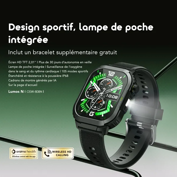Oraimo Watch Lumos N Montre connectée OSW-808N avec écran HD 2,01 pouces et étanchéité IP68 - Garantie 03 Mois – Image 2