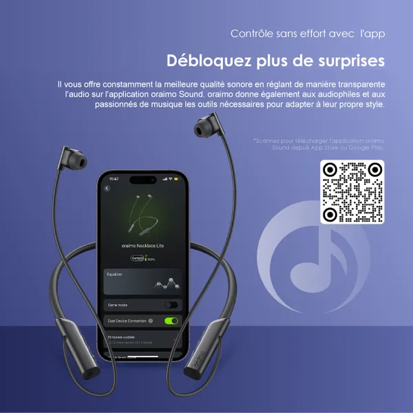 Oraimo OEB-311 Necklace Lite – Écouteurs Bluetooth 5.3 avec tour de cou, 30 h d’autonomie – Image 3